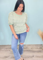 'Afternoon Tea' Pistachio/White Stripe Puff Sleeve Top-Mint & white striped short sleeve spring & summer casual top for everyday or casual events-Cali Moon Boutique, Plainville Connecticut