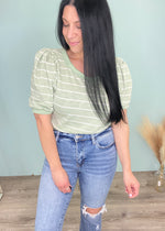 'Afternoon Tea' Pistachio/White Stripe Puff Sleeve Top-Mint & white striped short sleeve spring & summer casual top for everyday or casual events-Cali Moon Boutique, Plainville Connecticut