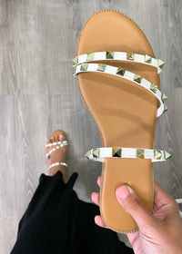 'What a Stud' White Faux Leather Gold Studded Sandals-Cali Moon Boutique, Plainville Connecticut