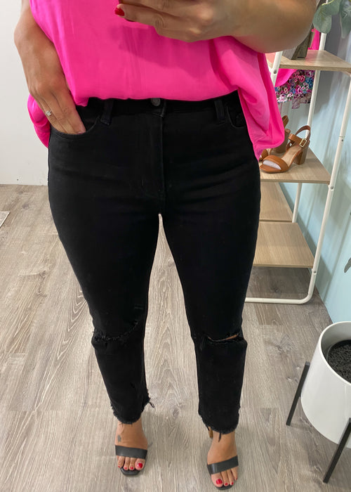 'Black Panther' Black High Waist Cropped Distressed Straight Leg Jeans-Cali Moon Boutique, Plainville Connecticut