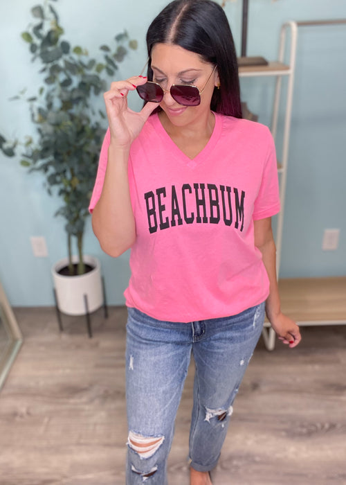 'BeachBum' Hot Pink V-Neck Heather Soft Tee-Cali Moon Boutique, Plainville Connecticut