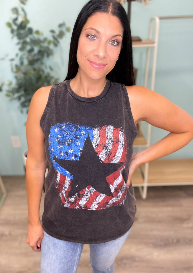 'Star Power' American Flag Star Cutout Mineral Wash Tank-Cali Moon Boutique, Plainville Connecticut