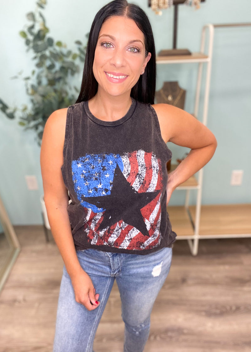 'Star Power' American Flag Star Cutout Mineral Wash Tank-Cali Moon Boutique, Plainville Connecticut
