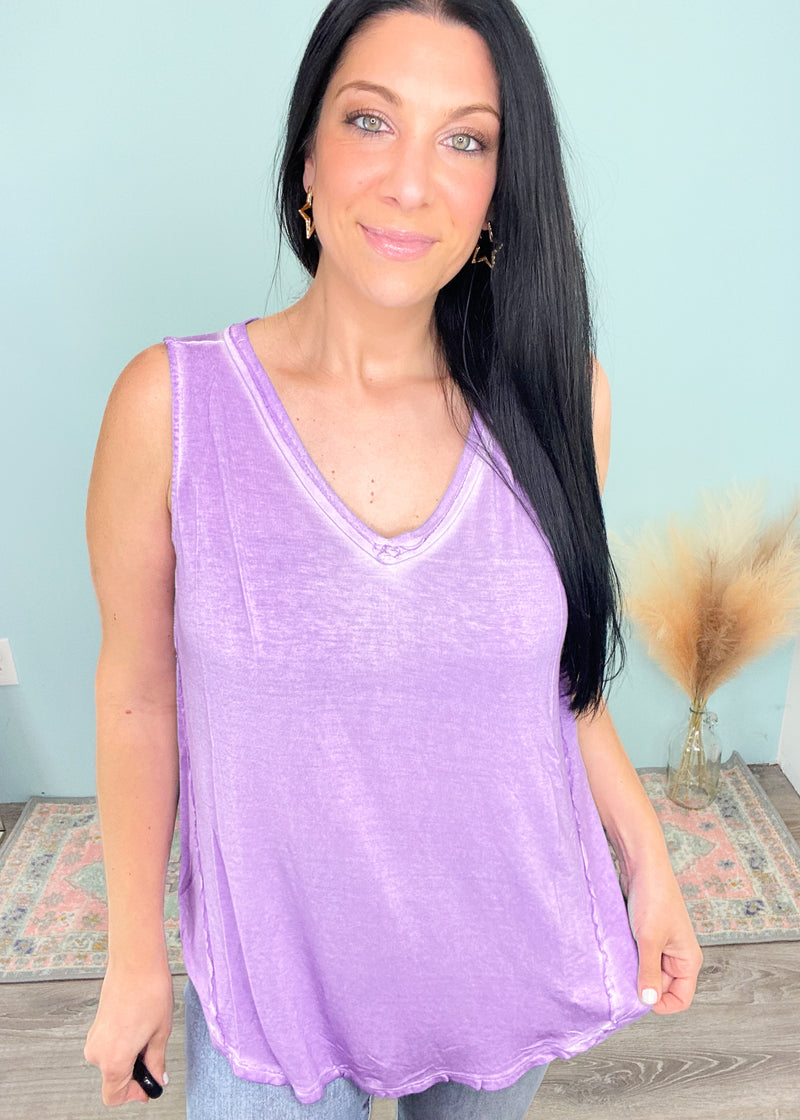 'Vienna' Lavender Vintage Washed V-Neck Tank-Relaxed, slouchy tank to keep you cool and comfy! Pretty lavender with a vintage washed feel. Wear it as is, layered or tucked!-Cali Moon Boutique, Plainville Connecticut