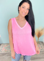 'Vienna' Neon Hot Pink Vintage Washed V-Neck Tank-Relaxed, slouchy tank to keep you cool and comfy! Pop neon pink with a vintage washed feel. Wear it as is, layered or tucked! -Cali Moon Boutique, Plainville Connecticut
