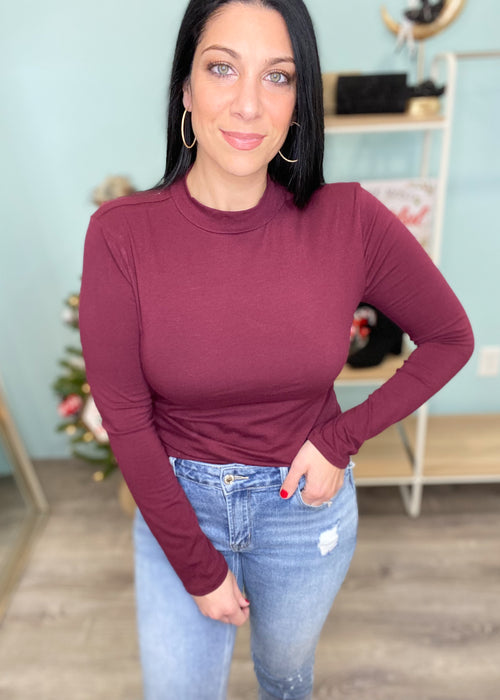 **DOORBUSTER** Burgundy Cotton Fitted Mock Neck Layering Top-Cali Moon Boutique, Plainville Connecticut