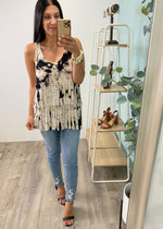 'Never Tired' Black Bleach Tie Dye Front Fringe Top-Cali Moon Boutique, Plainville Connecticut