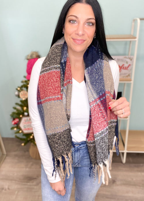 Black/Red/Blue/Tan Plaid Blanket Scarf-Cali Moon Boutique, Plainville Connecticut