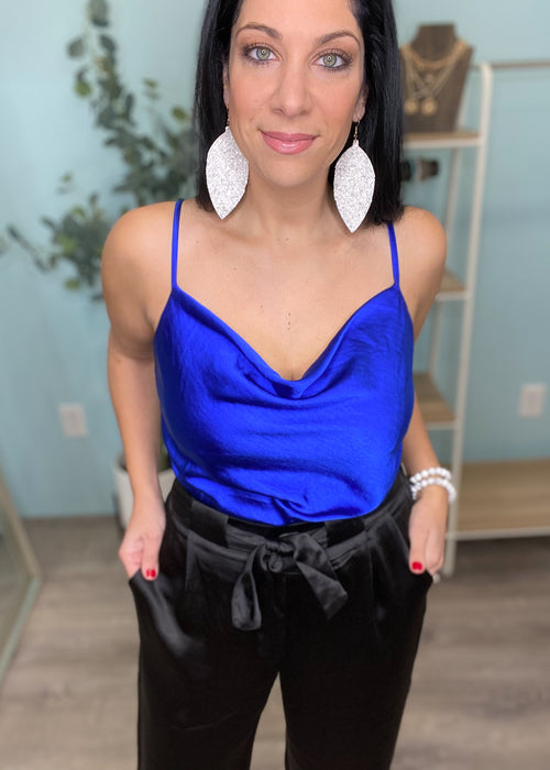 'Haze' Cobalt Blue Cowl Neck Satin Tank-Cali Moon Boutique, Plainville Connecticut