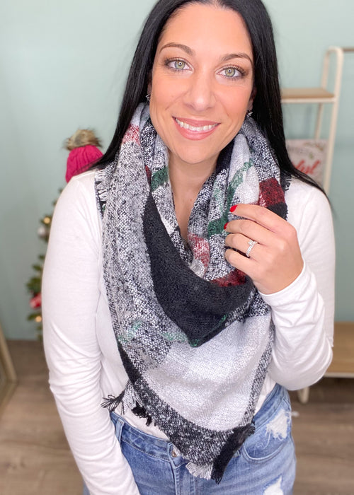 Black/White/Burgundy Plaid Blanket Scarf-Cali Moon Boutique, Plainville Connecticut