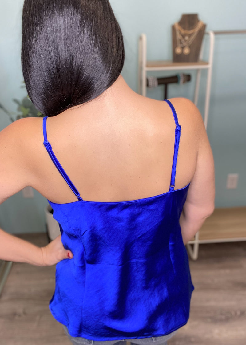 'Haze' Cobalt Blue Cowl Neck Satin Tank-Cali Moon Boutique, Plainville Connecticut