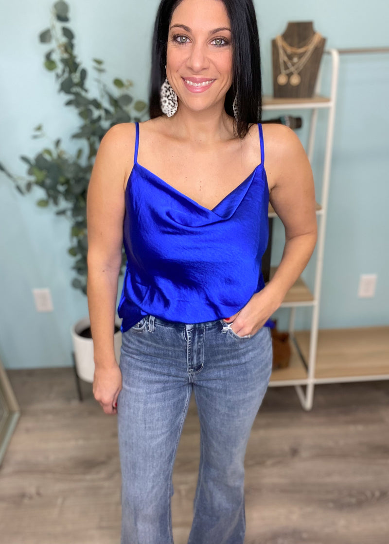 'Haze' Cobalt Blue Cowl Neck Satin Tank-Cali Moon Boutique, Plainville Connecticut