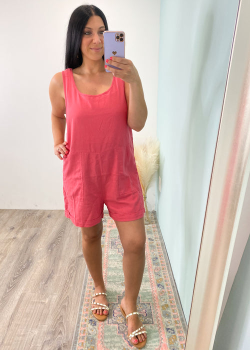 'Laney' Desert Rose Linen Romper-Keep cute and cool in this beachy vibes linen romper in the prettiest Desert Rose color! Easy pull on style that can be paired with tees, tanks and tubes!-Cali Moon Boutique, Plainville Connecticut