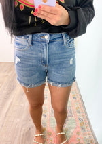 'Dallas' Medium Wash Denim Shorts with Raw Hem-Joggers that can be dressed up or down! You'll be the envy of your friends with these! With a slight look of a faux leather jogger, these joggers can be worn with sneakers for the day crowd and with boots/heels for the night crowd!-Cali Moon Boutique, Plainville Connecticut