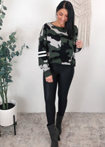 'Hidden Gem' Camo Sweater with Varsity Stripe-Cali Moon Boutique, Plainville Connecticut