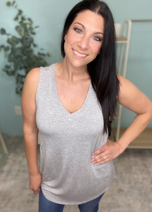 Heather Gray V-Neck Hi-Low Tank-tank tops, tank top, black tank top, solid tank top, solid color tank top, cute tank top, casual tank top, loose tank tops, layering tank tops, tank tops to layer, layering tank top, basic tank tops, casual tank tops, womens boutique, cute clothes for women, affordable fashion, boutique, affordable boutique clothing-Cali Moon Boutique, Plainville Connecticut