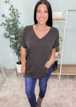 'Roll With It' Charcoal Rolled Sleeve V-Neck Tee-Cali Moon Boutique, Plainville Connecticut