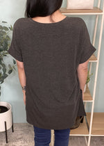 'Roll With It' Charcoal Rolled Sleeve V-Neck Tee-Cali Moon Boutique, Plainville Connecticut