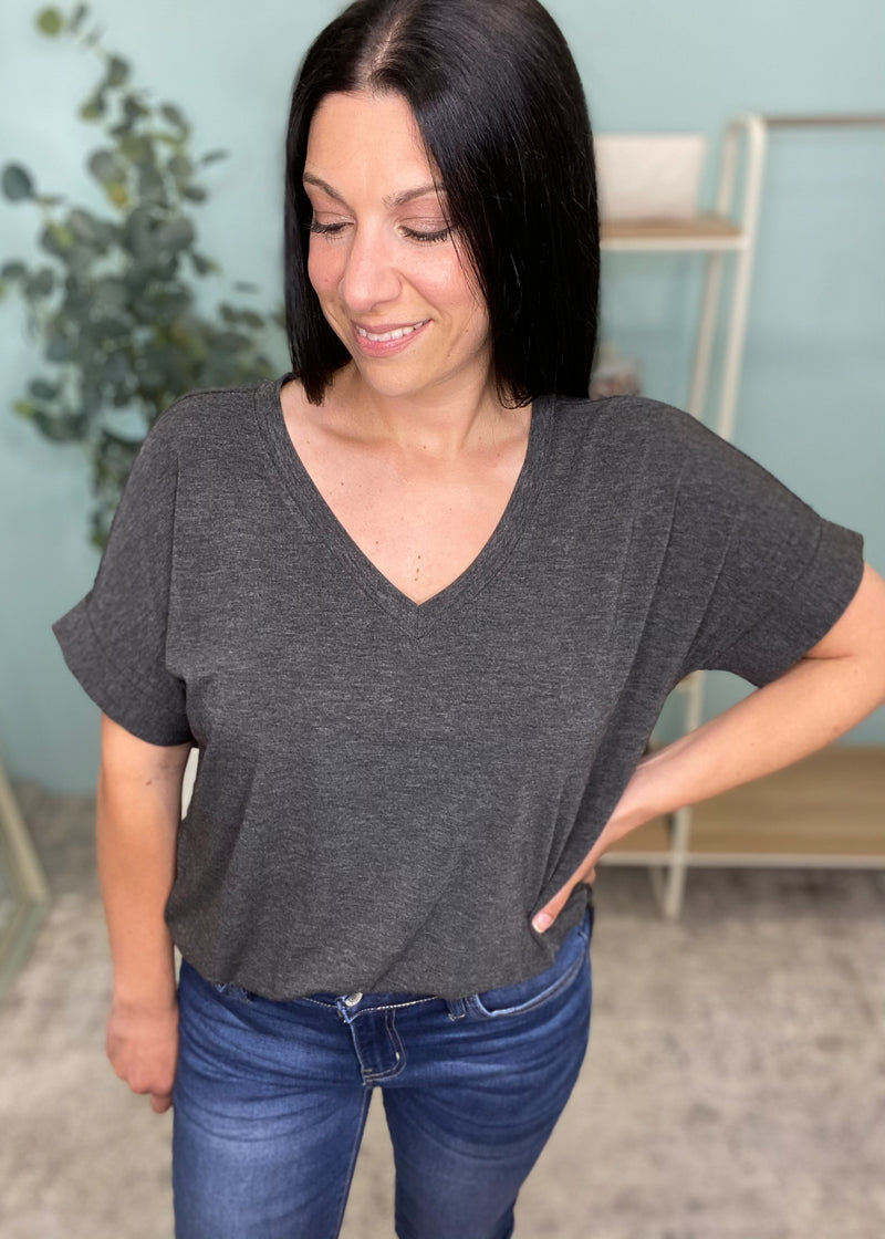 'Roll With It' Charcoal Rolled Sleeve V-Neck Tee-Cali Moon Boutique, Plainville Connecticut
