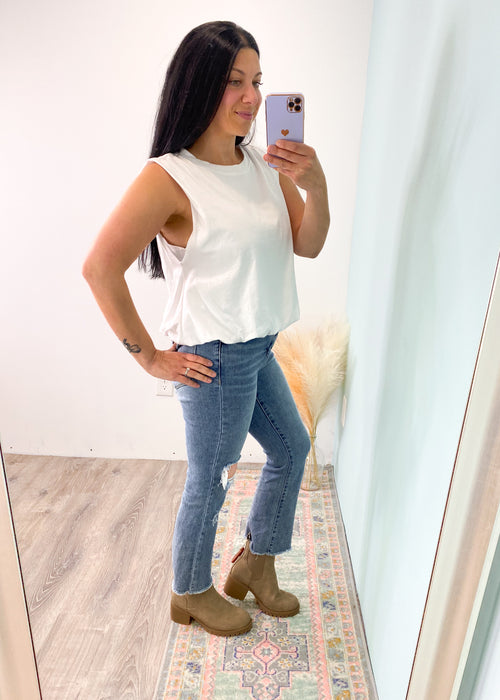 'Brynne' White Bubble Hem Tank-Relaxed, slouchy tank to keep you cool and comfy! Pretty lavender with a vintage washed feel. Wear it as is, layered or tucked!-Cali Moon Boutique, Plainville Connecticut