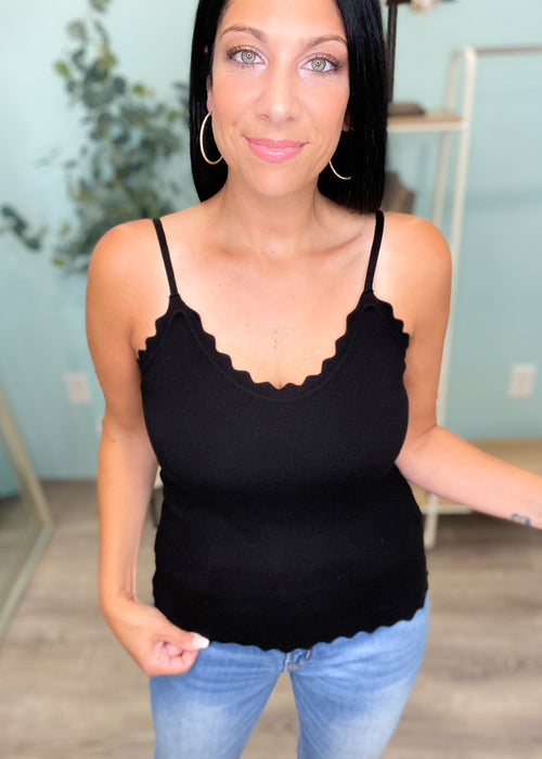 'Savannah' Black Scallop Trim Adjustable Strap Ribbed Tank-Cali Moon Boutique, Plainville Connecticut