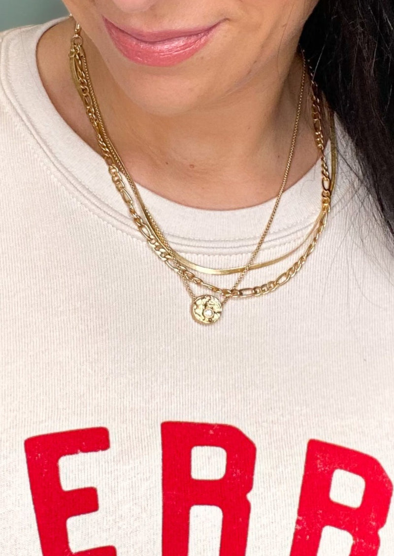 Layered Worn Gold Chain Necklace with Rhinestone Pendant-Cali Moon Boutique, Plainville Connecticut