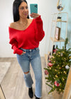 'Too Hot to Handle' Red Off the Shoulder Slouchy Ribbed Sweater-Cali Moon Boutique, Plainville Connecticut
