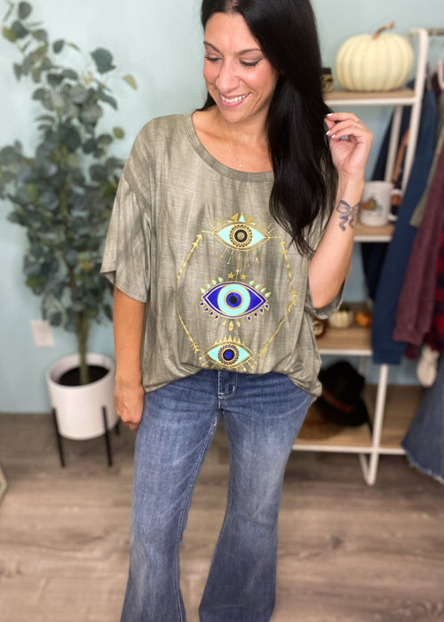'All Eyes on You' Olive Mineral Wash Eye Graphic Top-Cali Moon Boutique, Plainville Connecticut