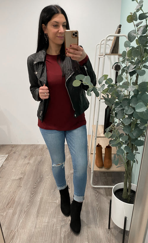 'Home Base' Deep Burgundy Black Long Sleeve Top-Cali Moon Boutique, Plainville Connecticut