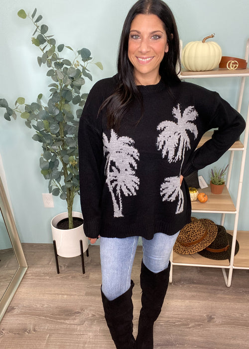'Warm Breeze' Palm Tree Black Knit Sweater-Cali Moon Boutique, Plainville Connecticut