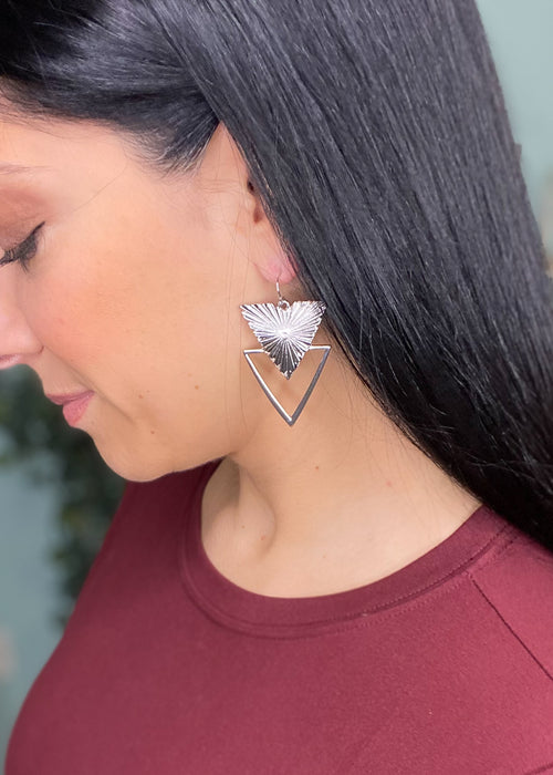 Antique Silver Double Triangle Earrings-Cali Moon Boutique, Plainville Connecticut
