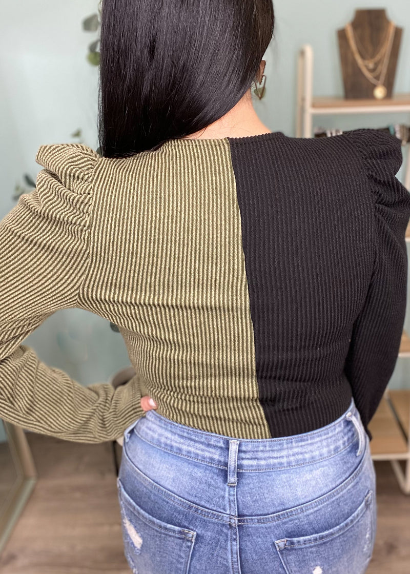 'Tiebreaker' Olive/Black Puff Shoulder Colorblock Wrap Top-Cali Moon Boutique, Plainville Connecticut