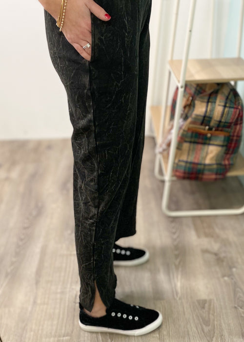 Black Acid Wash Cropped Wide Leg Side Slit Lounge Pants-Cali Moon Boutique, Plainville Connecticut