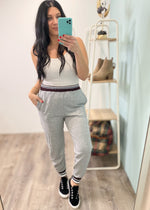 'Play the Field' Heather Gray Varsity Stripe Slim Cut Joggers-Cali Moon Boutique, Plainville Connecticut