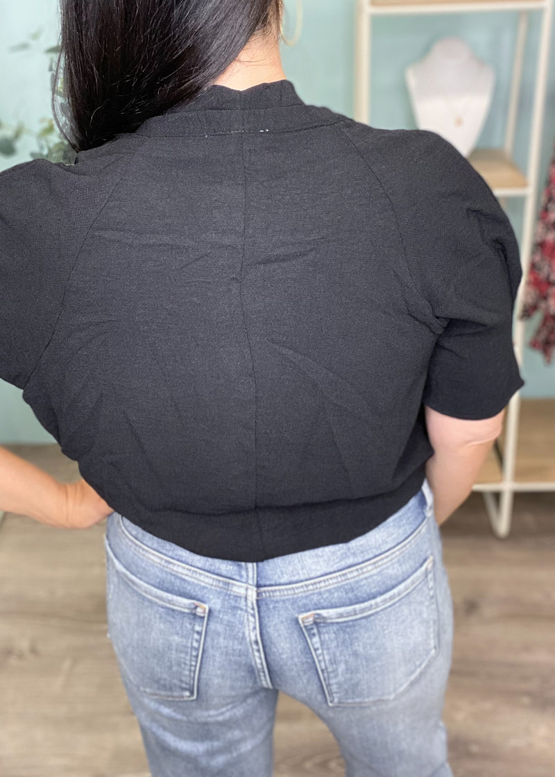'Material Girl' Black V-Neck Drape Front Bodysuit-Cali Moon Boutique, Plainville Connecticut