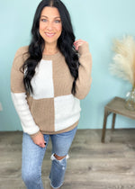 'Checked Out ' Tan & Ivory Check Colorblock Sweater-Cali Moon Boutique, Plainville Connecticut