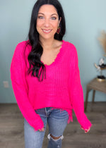 'It's Electric' Neon Hot Pink Distressed Open Knit Sweater-Cali Moon Boutique, Plainville Connecticut