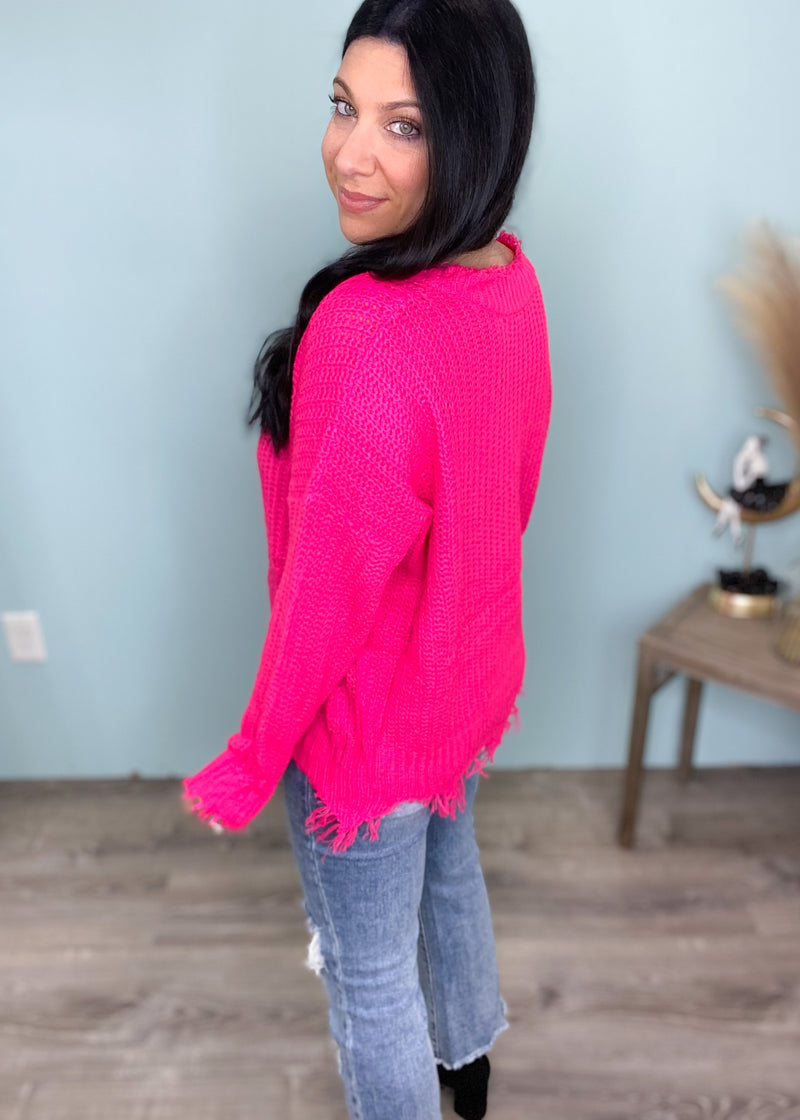 'It's Electric' Neon Hot Pink Distressed Open Knit Sweater-Cali Moon Boutique, Plainville Connecticut