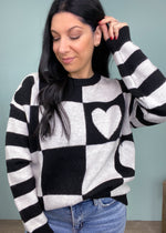 'Check Mate' Black/White Heart Checkered Oversized Sweater-Cali Moon Boutique, Plainville Connecticut