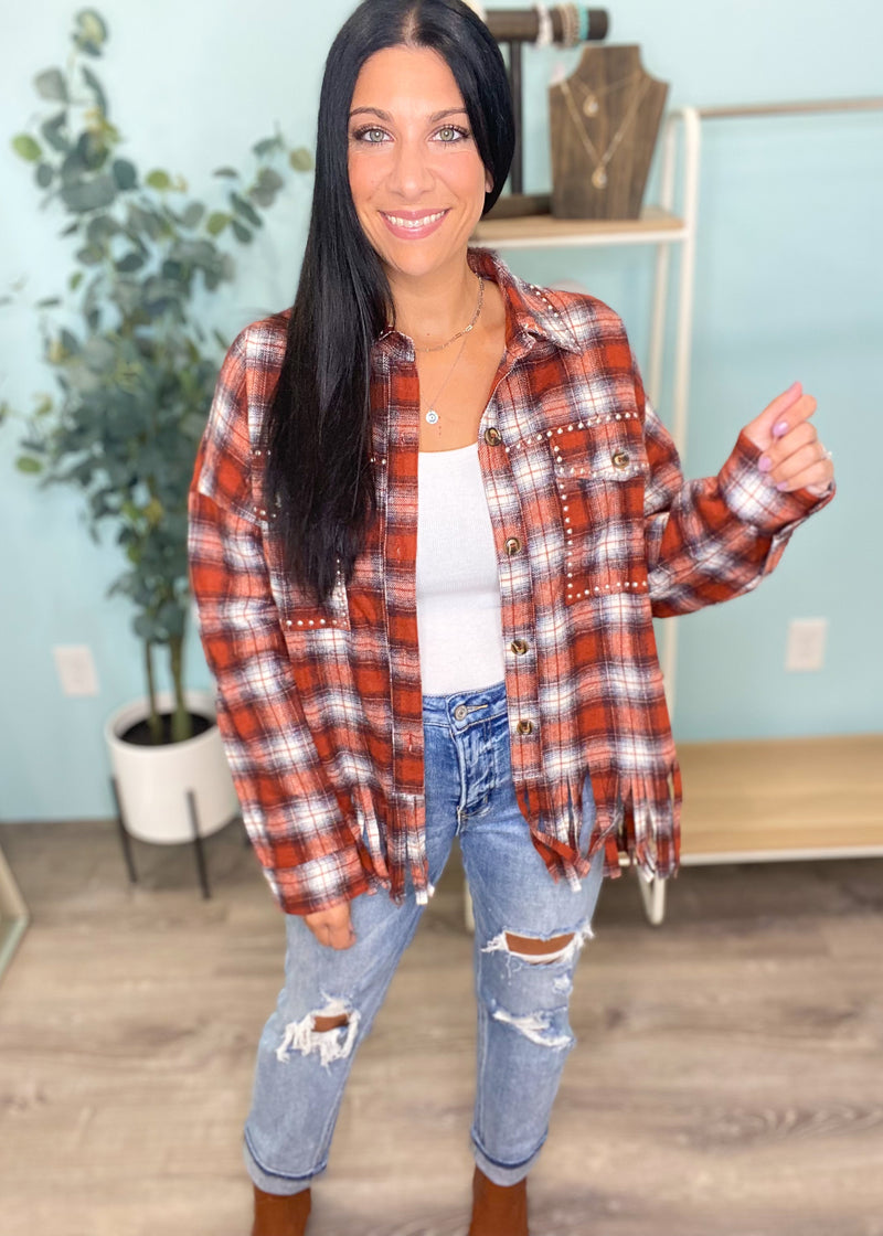 'Back Home' Plaid Fringe Stud Detail Button Front Shacket-Cali Moon Boutique, Plainville Connecticut