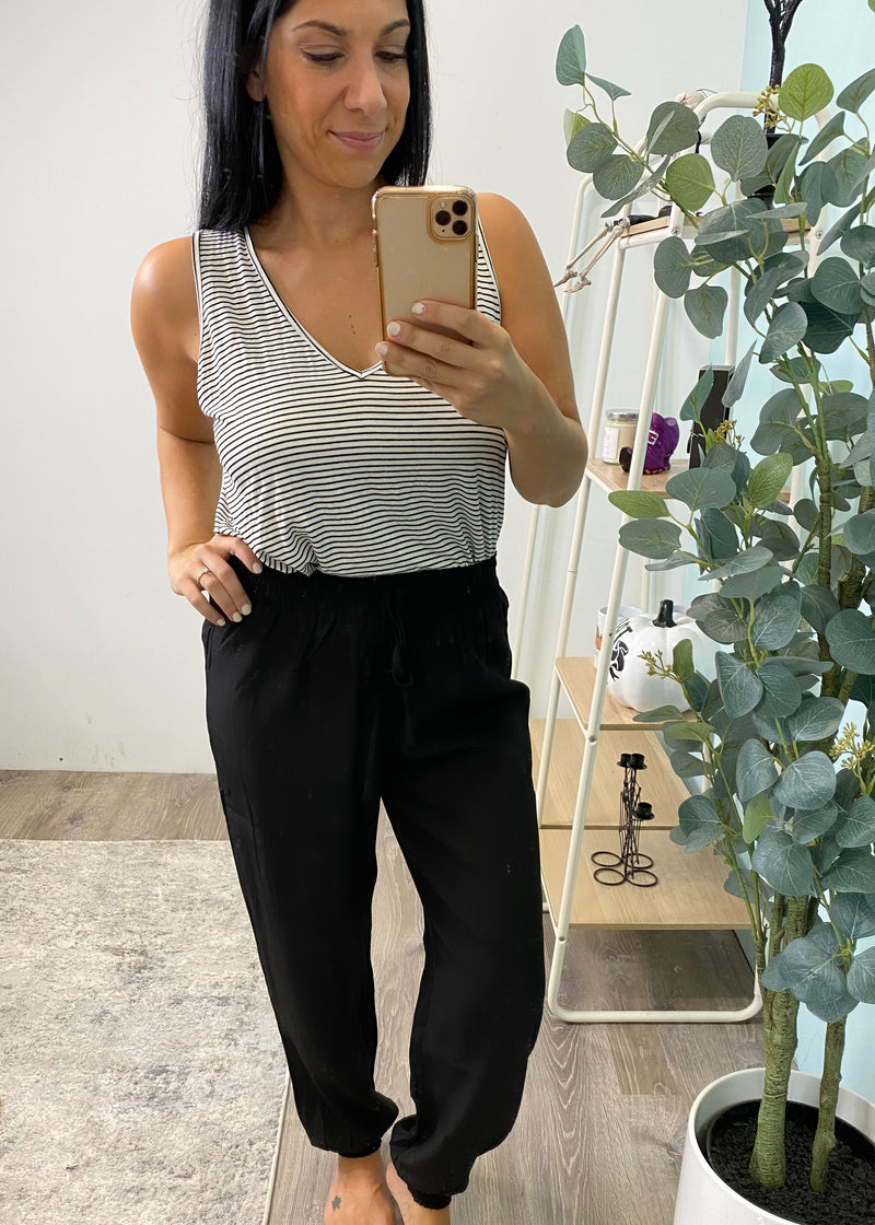 Black Lightweight Smocked Ankle Pants-Cali Moon Boutique, Plainville Connecticut
