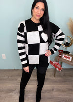 'Check Mate' Black/White Heart Checkered Oversized Sweater-Cali Moon Boutique, Plainville Connecticut