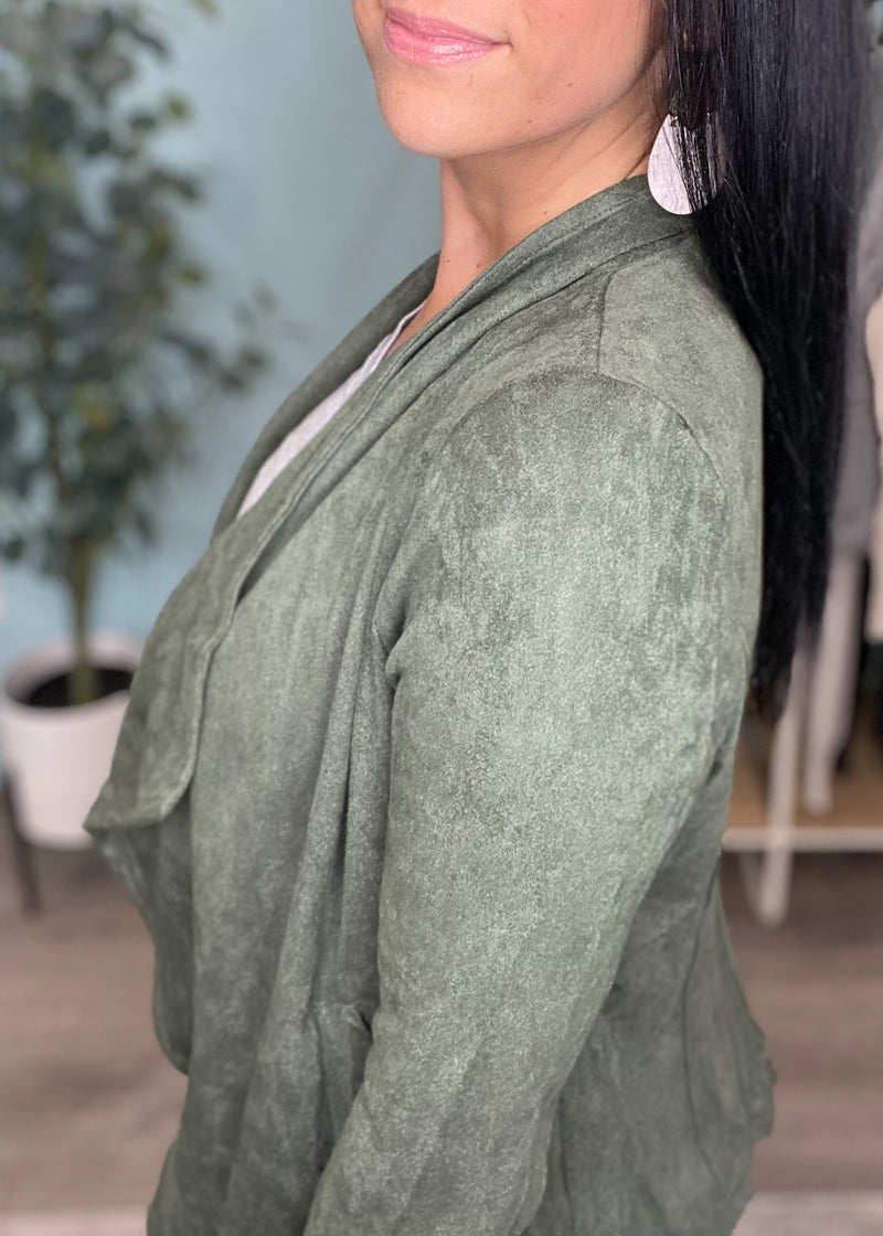 'Niagara' Olive Faux Suede Open Front Waterfall Jacket-Cali Moon Boutique, Plainville Connecticut