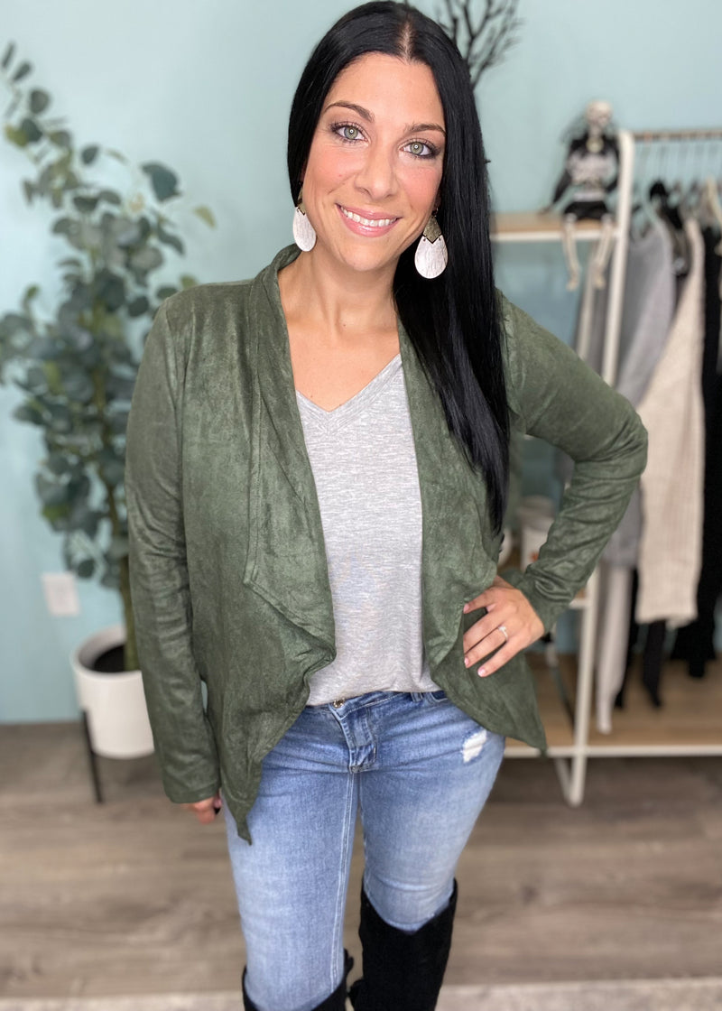 'Niagara' Olive Faux Suede Open Front Waterfall Jacket-Cali Moon Boutique, Plainville Connecticut