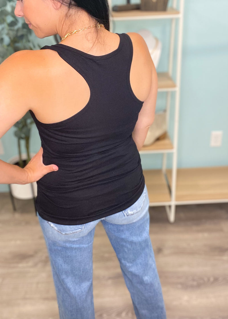 'Kenzie' Black Cotton Basic V-Neck Racerback Tank-Cali Moon Boutique, Plainville Connecticut
