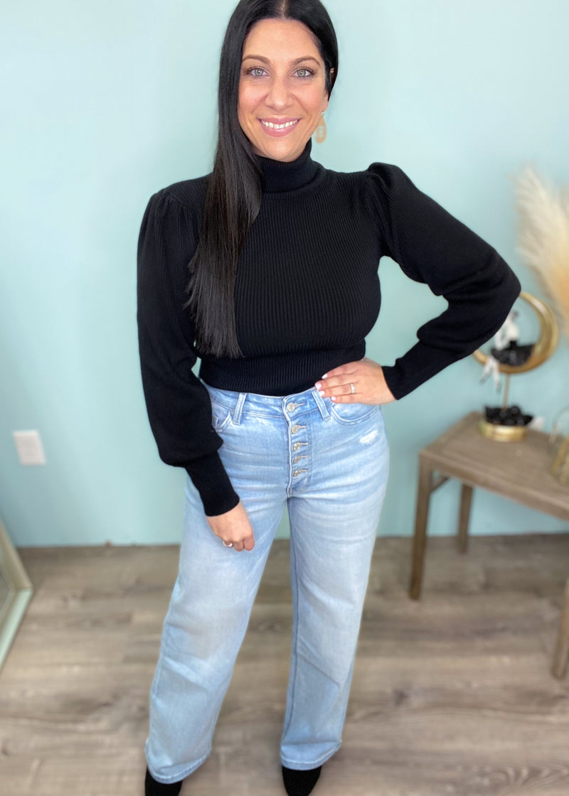 'The New OG' Black Ribbed Puff Sleeve Turtleneck-Cali Moon Boutique, Plainville Connecticut