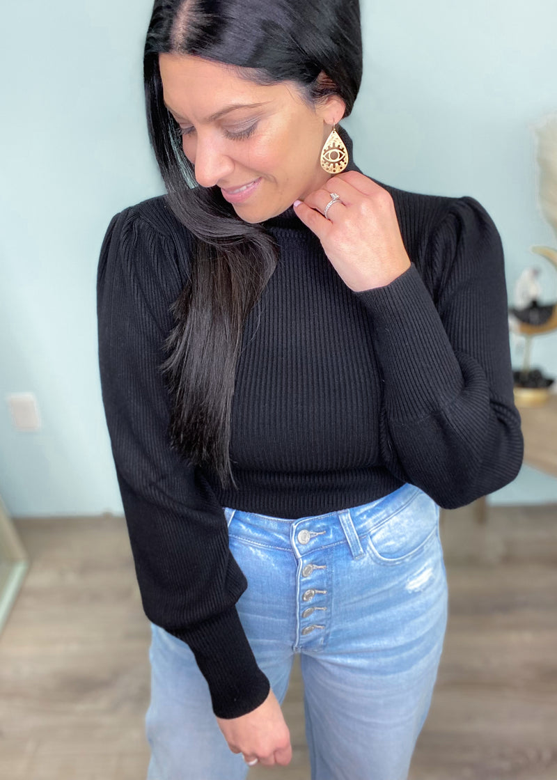 'The New OG' Black Ribbed Puff Sleeve Turtleneck-Cali Moon Boutique, Plainville Connecticut