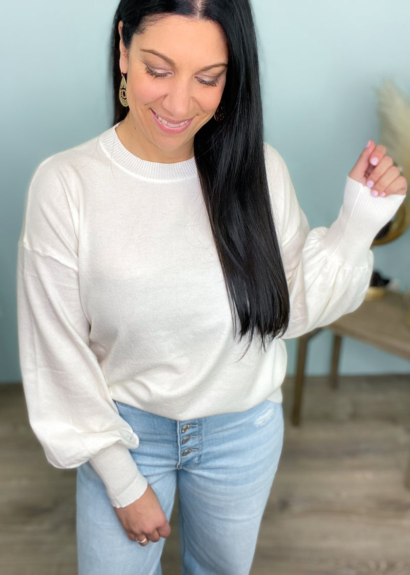 'Moonflower' Off White Balloon Sleeve Soft Sweater-Cali Moon Boutique, Plainville Connecticut