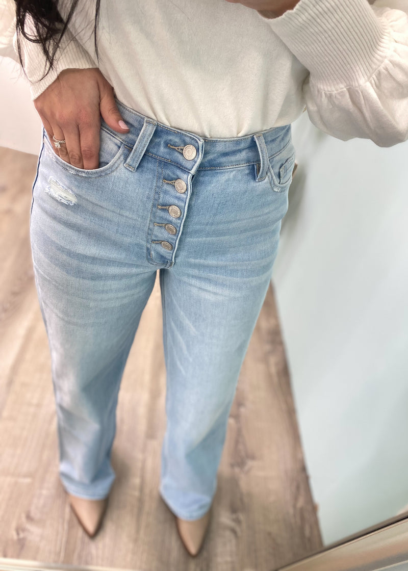 'Amelia' Light Wash Button Front Wide Leg Jeans-Cali Moon Boutique, Plainville Connecticut