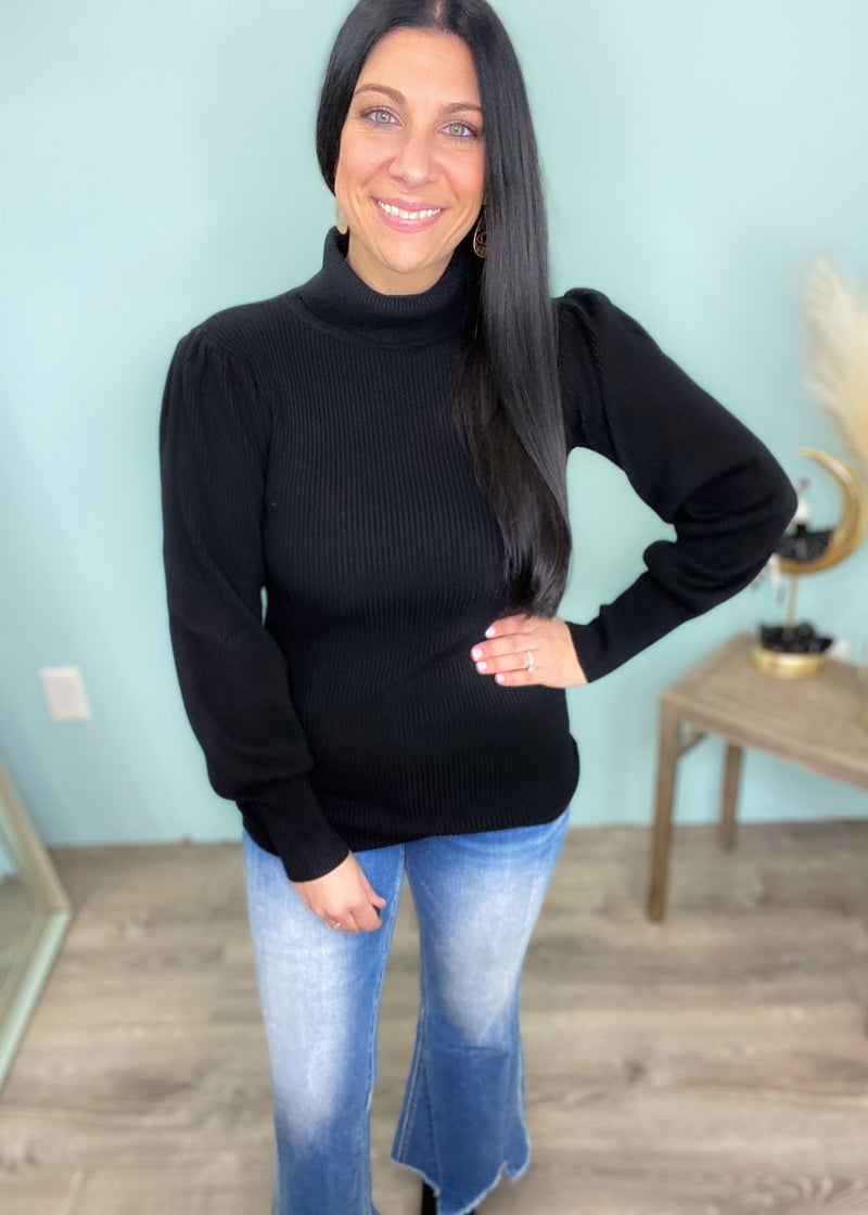 'The New OG' Black Ribbed Puff Sleeve Turtleneck-Cali Moon Boutique, Plainville Connecticut